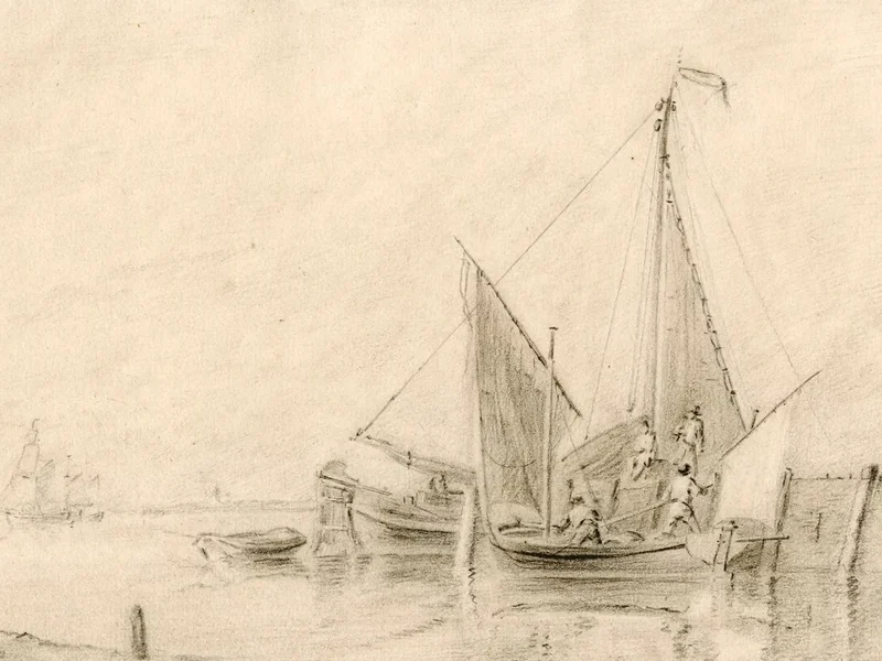 1774-Jan van Ouwerkerk - Barche a vela ormeggiate a un molo